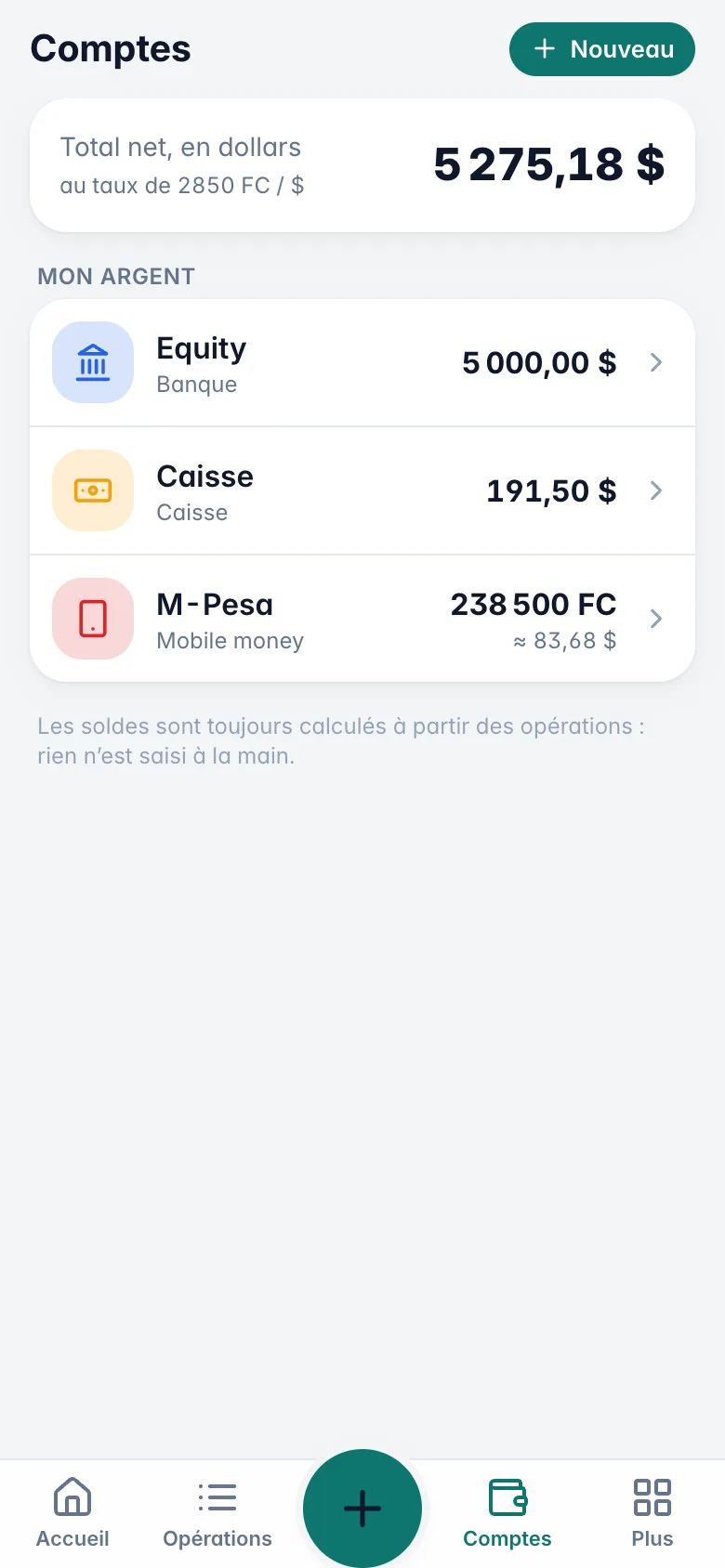 Comptes : total net en dollars, banque, caisse et M-Pesa avec leurs soldes en dollars et en francs