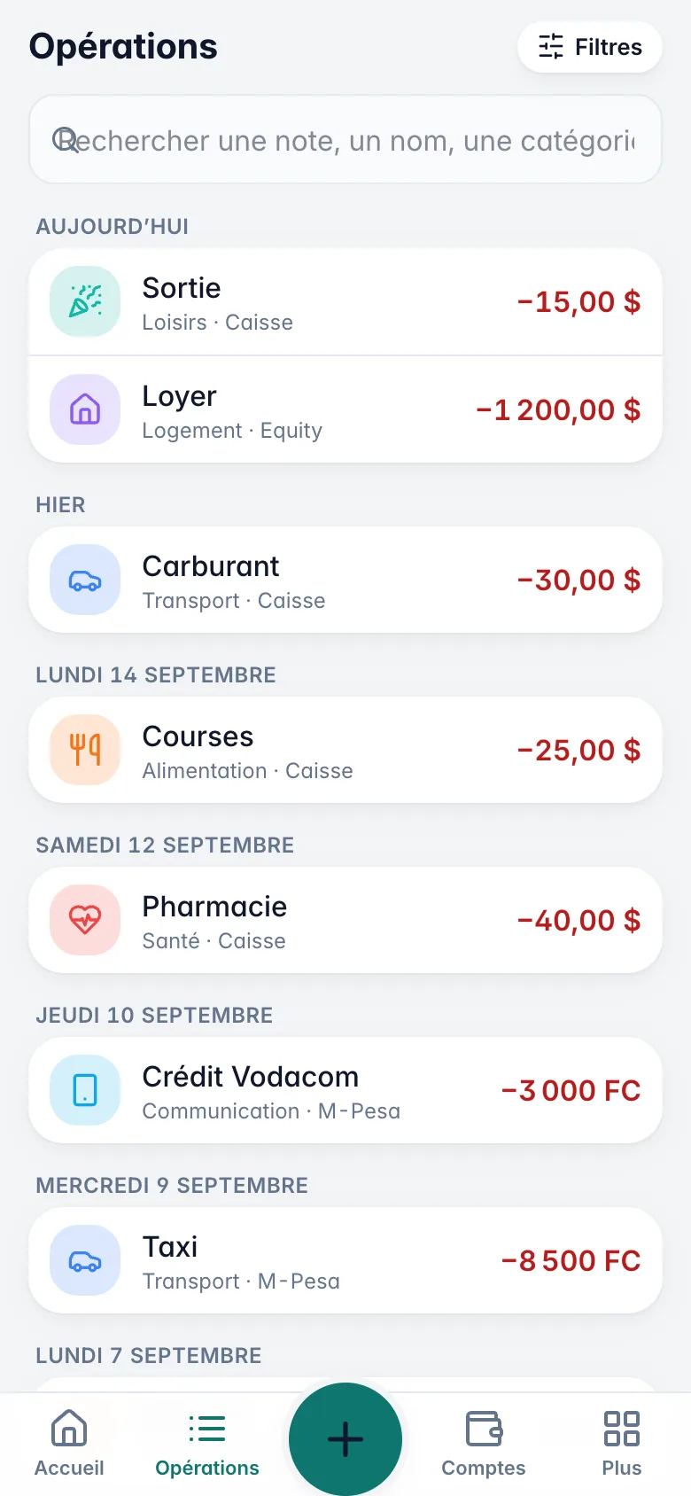 Liste des opérations groupées par jour, avec catégorie, compte et montant