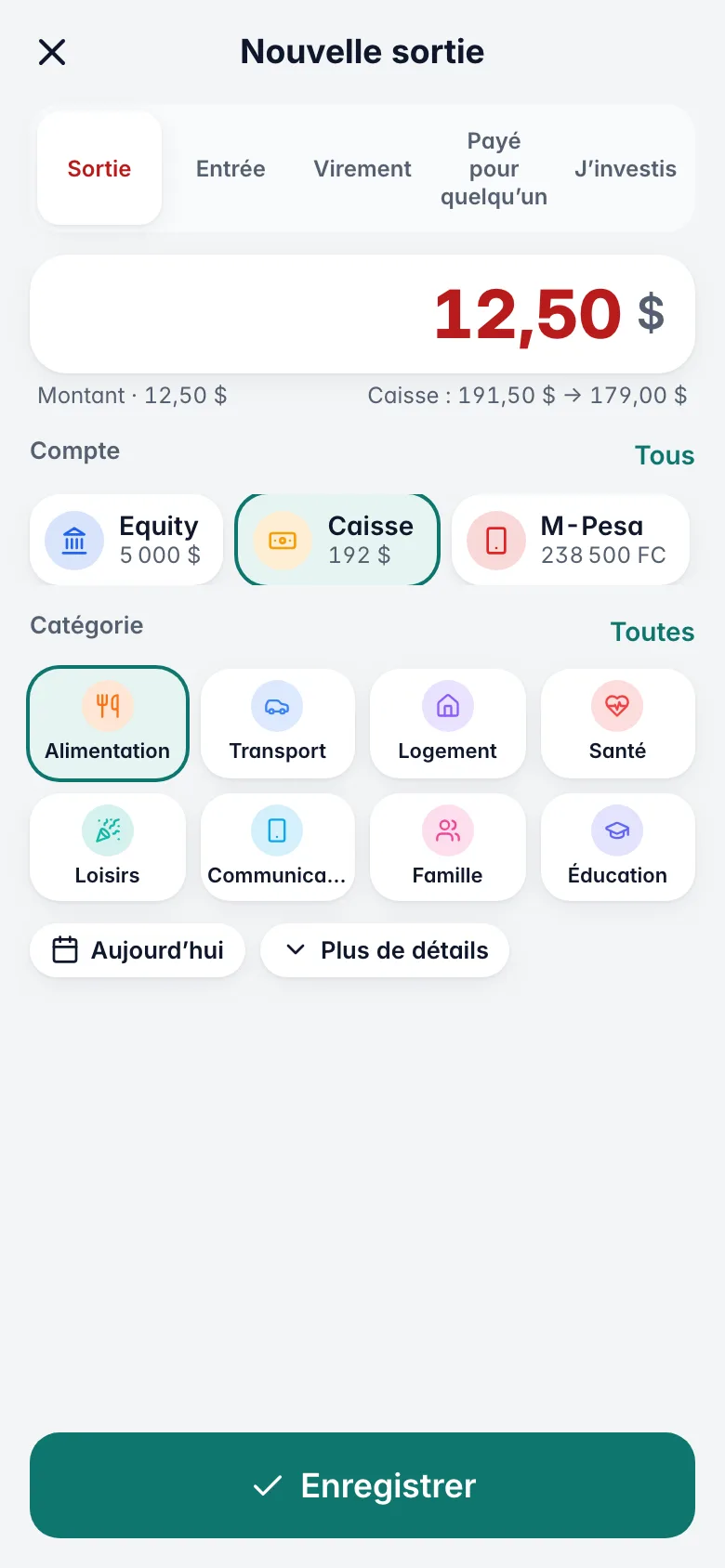 Nouvelle sortie de 12,50 $ : onglets Sortie, Entrée, Virement, compte Caisse, catégorie Alimentation, bouton Enregistrer